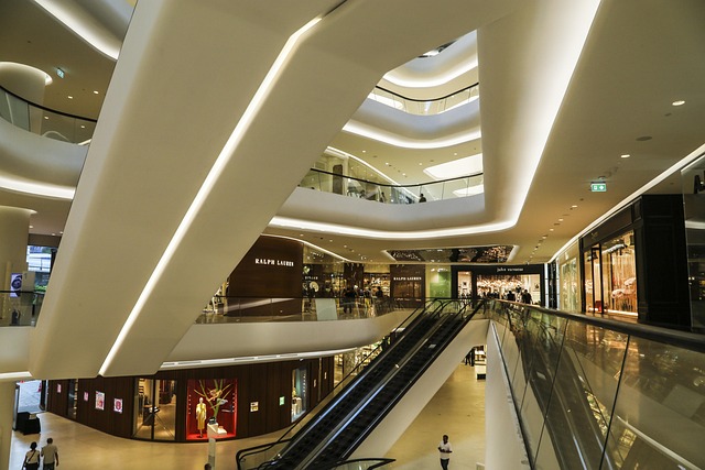 Brightly lit retail store interior at dusk